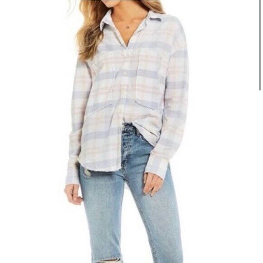 FREE PEOPLE Frayed Plaid‎ Button Up Long Sleeve White Pink Small